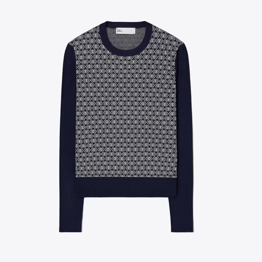 Tory Burch T MONOGRAM TECH KNIT SWEATER in Tory Navy T mono Knit